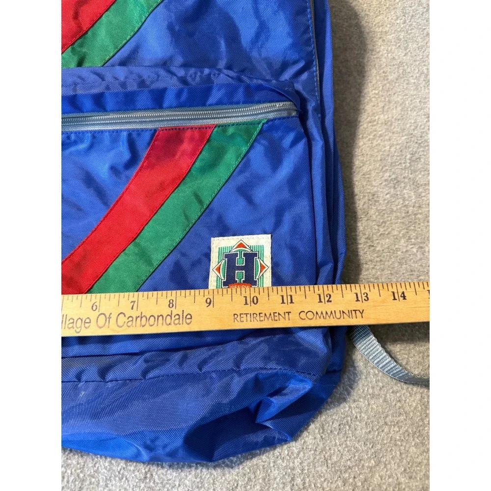 VTG Hesss Department Store Backpack Blue Red Green Stripe Nylon Daypack Retro